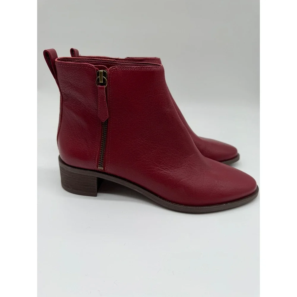 Copper Key Red Leather Ankle Boots Side Zip‎ Block Heel Almond Toe Womens 7.5M